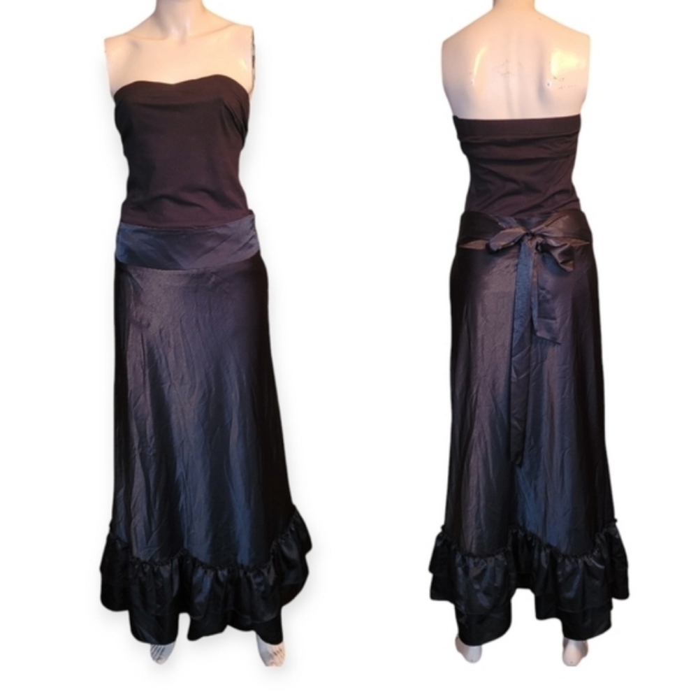 Vintage Satin Tiered Ruffle Hem Maxi Skirt Black Whimsigoth Goth 90s - Picture 15 of 15
